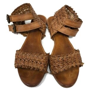 Sundance Woven Leather Ankle Strap Flat Sandals Cognac Brown Women's 7